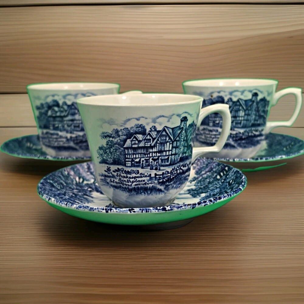 Royal Essex Shakespeare Country Blue Transferware Teacup & Saucer Set of 3 (6pc)